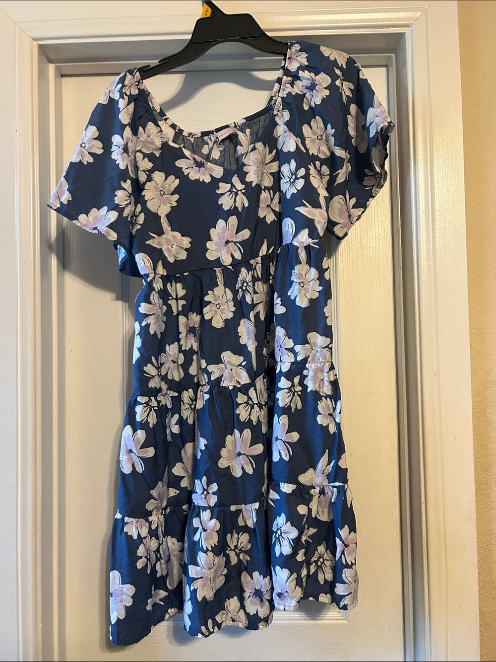 SO Navy Blue Floral Tiered Dress with White Lilac Flowers